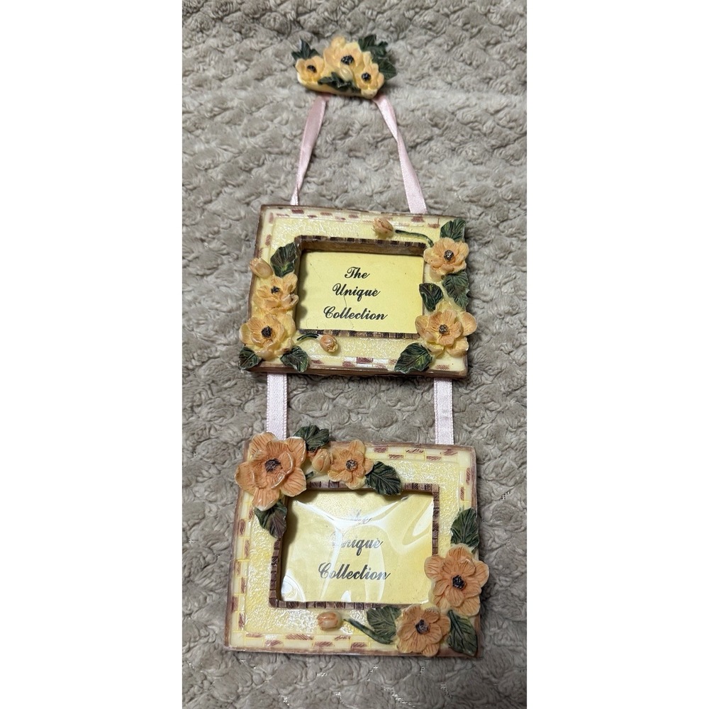 Vtg Floral Flowers Double Hanging Frame Wall Decor Yellow &‎ Pink